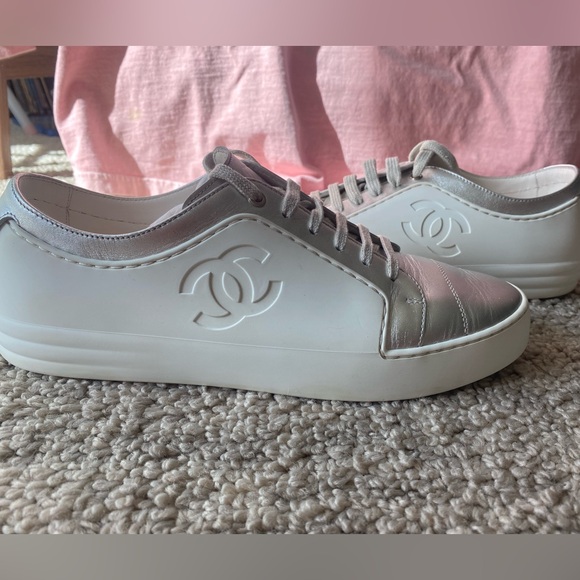 CHANEL Shoes - Chanel White Silver 7.5 Lace Chevre Sneakers Rubber Leather Made in Italy Coco